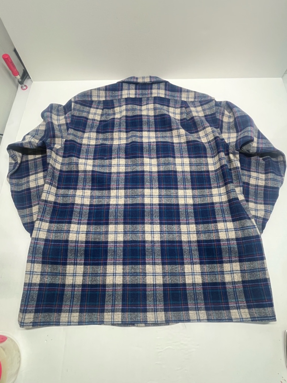 Pendleton Navy, Cream & Red Plaid Wool Shirt Mens Large Loop Collar - Picture 12 of 13